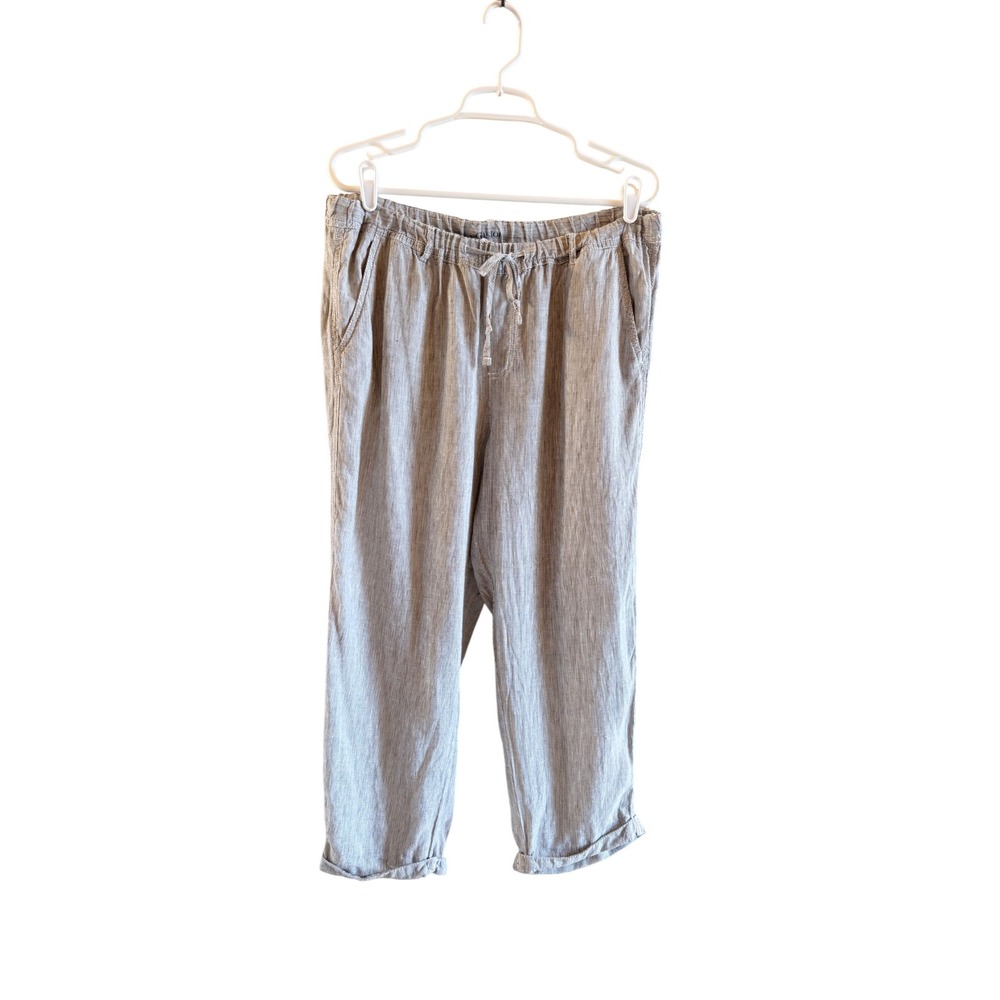 Caslon Striped 100% Linen Crop Pants Women Size L Drawstring Waist Relaxed